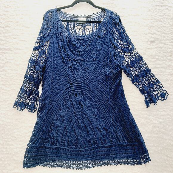Tunic Top Size 3X Crochet Navy Unconventional Lace Lagenlook Luxury Old Money - Picture 1 of 14